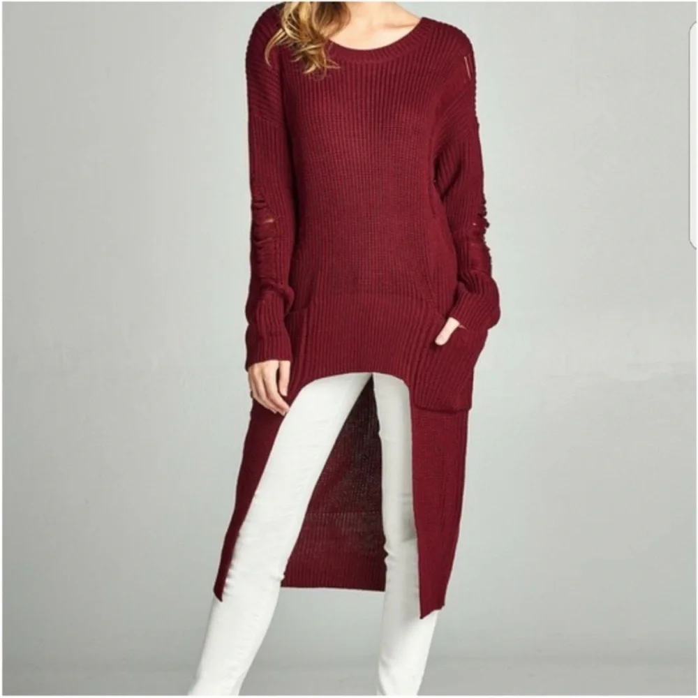 NWT BURGUNDY DISTRESSED ASYMMETRICAL SWEATER CARDIGAN COMFY & COZY TUNIC! - Picture 1 of 4